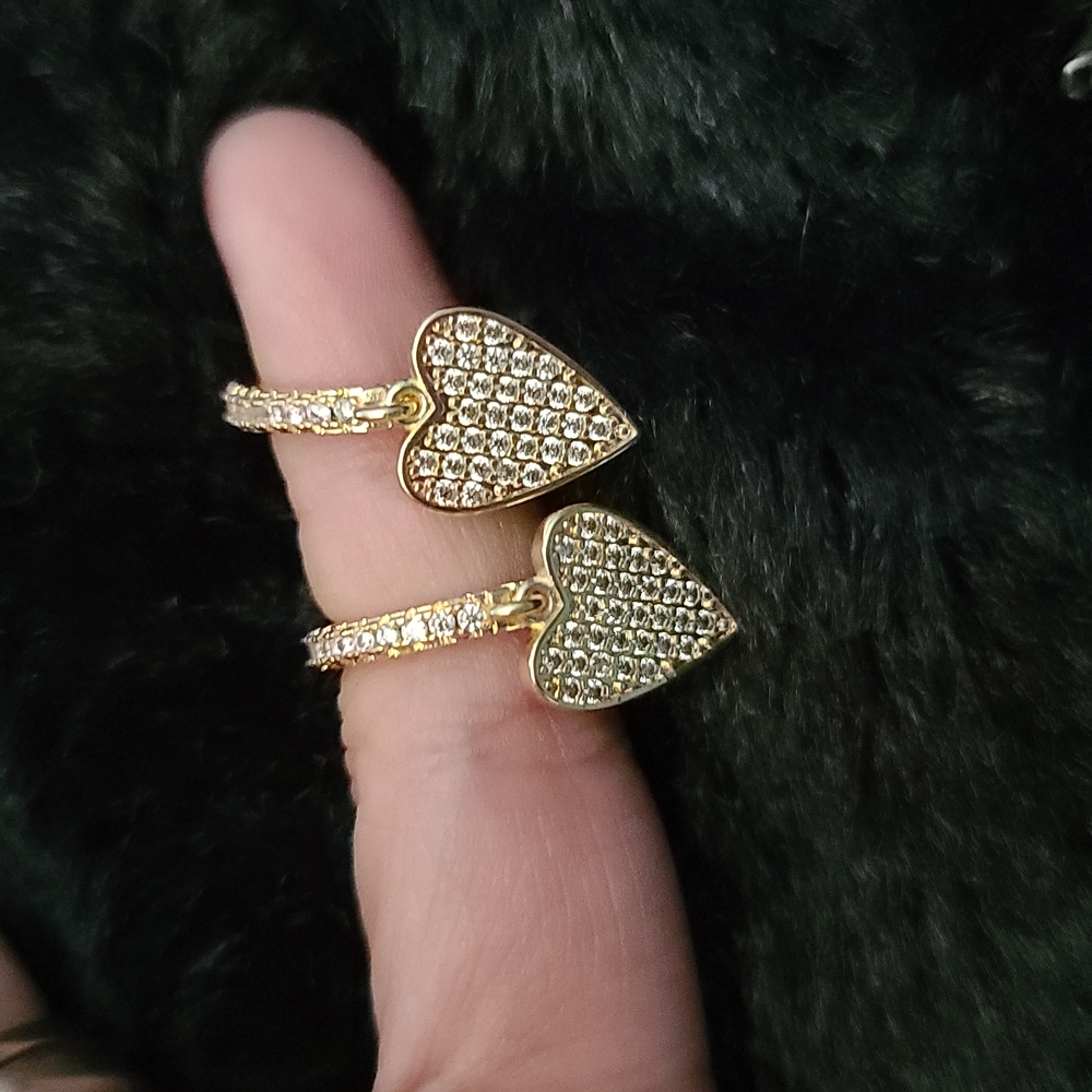 10k Gold pave heart dangle earrings